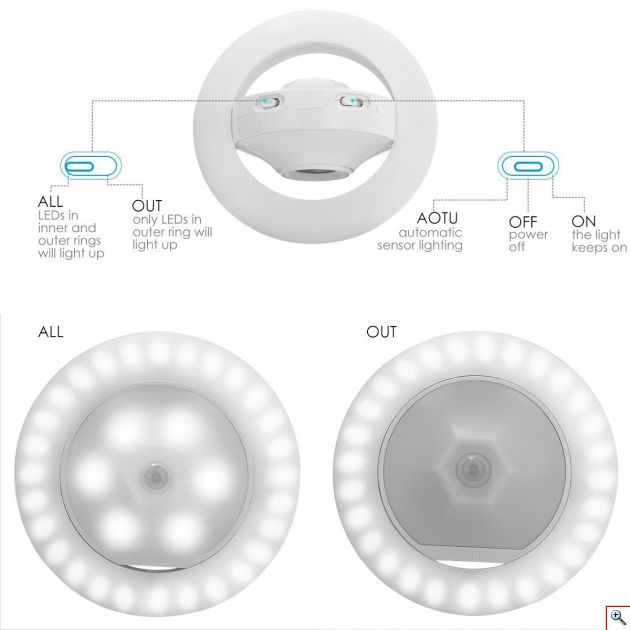 Επαναφορτιζόμενο LED Φωτάκι Νυκτός με Ανιχνευτή Κίνησης Περιστρεφόμενο 360ᵒ με Αποσπώμενη Μαγνητική Βάση