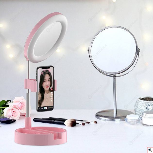 Καθρέπτης Live Streaming Μακιγιάζ με Φωτισμό Δαχτυλίδι LED με Βάση Κινητού 2 σε 1 - Πτυσσόμενο Φωτογραφικό Δαχτυλίδι Make up Mirror w/ Ring light