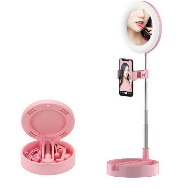 Καθρέπτης Live Streaming Μακιγιάζ με Φωτισμό Δαχτυλίδι LED με Βάση Κινητού 2 σε 1 - Πτυσσόμενο Φωτογραφικό Δαχτυλίδι Make up Mirror w/ Ring light