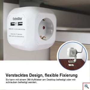 Πολύπριζο 4 Θέσεων με 2 x USB ExtraStar© Extended με Καλώδιο 1,5m & Βάση Στήριξης 