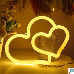 LED Επιτοίχιο Διακοσμητικό Φωτιστικό Neon με Τροφοδοσία USB ή Μπαταρίες με Σχέδιο Διπλή Καρδιά σε Θερμό Φως