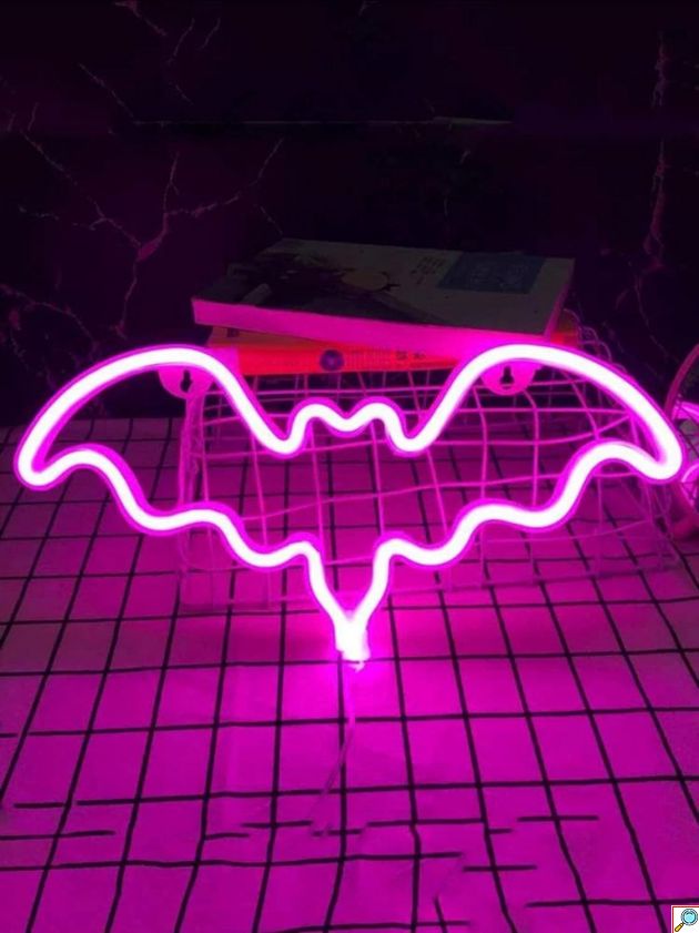 LED Επιτοίχιο Διακοσμητικό Φωτιστικό Neon με Τροφοδοσία USB ή Μπαταρίες με Σχέδιο Nυχτερίδα σε Ροζ Χρώμα