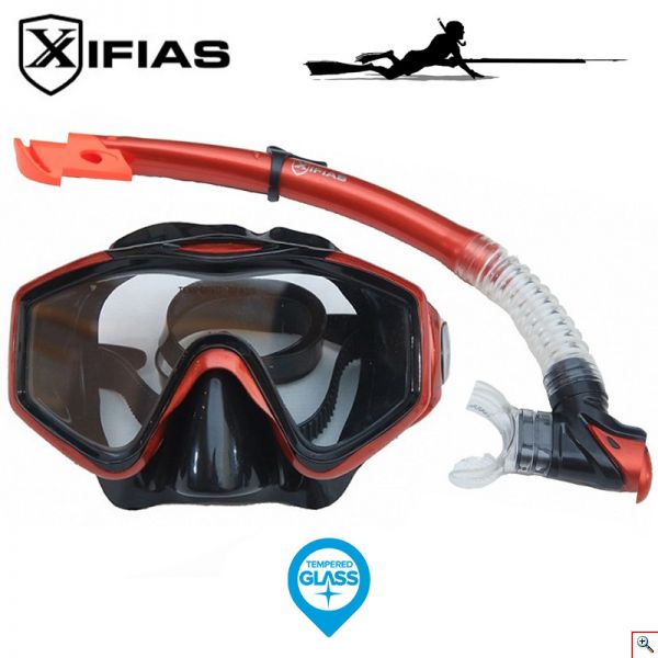 Xifias® Σετ Καταδυτική Μάσκα Siliter & Αναπνευστήρας με Βαλβίδα για Ενήλικες Κόκκινο/ Μαύρο