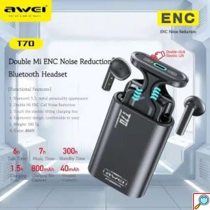 Awei T70 Ασύρματα Ακουστικά Bluetooth 5.3 με Αντοχή στον Ιδρώτα και Θήκη Φόρτισης Μαύρα 