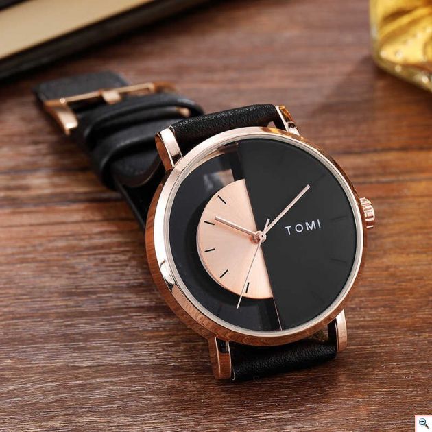 Κλασικό Ανδρικό Ρολόι TOMI - Leather Casual Analog Watch For Men Μαύρο - Ροζέ Χρυσό