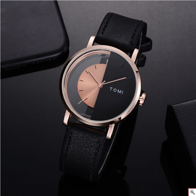 Κλασικό Ανδρικό Ρολόι TOMI - Leather Casual Analog Watch For Men Μαύρο - Ροζέ Χρυσό