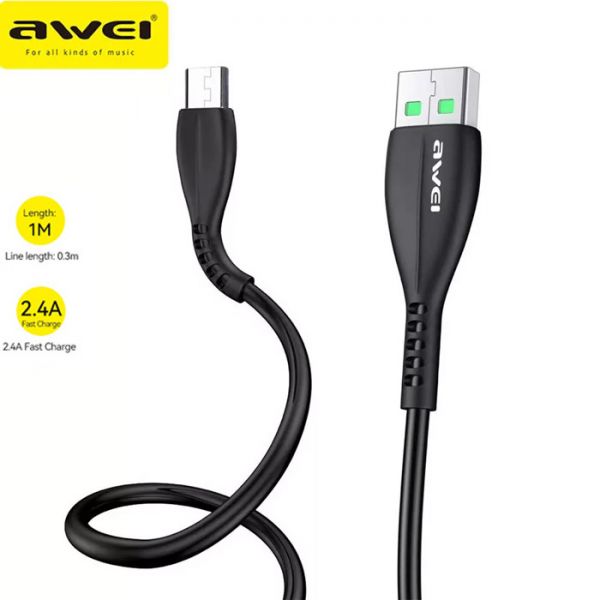 Awei Universal Καλώδιο Γρήγορης Φόρτισης 2.4A & Μεταφοράς Δεδομένων 1m USB σε MicroUSB - Μαύρο