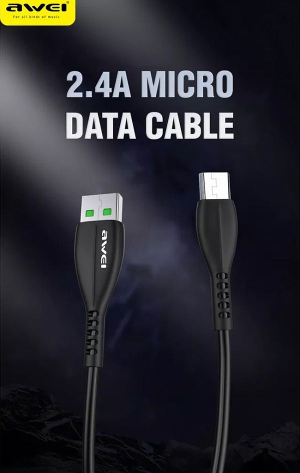 Awei Universal Καλώδιο Γρήγορης Φόρτισης 2.4A & Μεταφοράς Δεδομένων 1m USB σε MicroUSB - Μαύρο