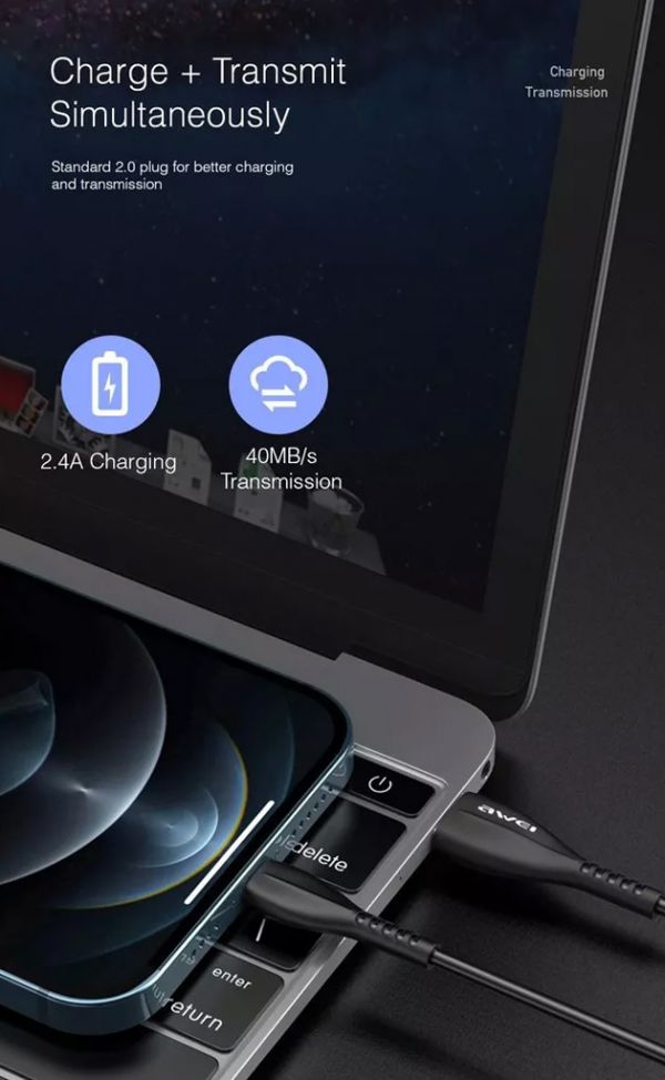 Awei Universal Καλώδιο Γρήγορης Φόρτισης 2.4A & Μεταφοράς Δεδομένων 1m USB σε MicroUSB - Μαύρο