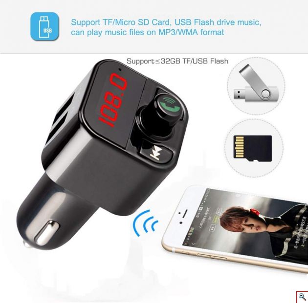 Fm Transmitter Φορτιστής Αυτοκινήτου 2 x USB,SD Bluetooth Handsfree Mp3 Player με Μικρόφωνο & AUX είσοδο - Car FM Modulator