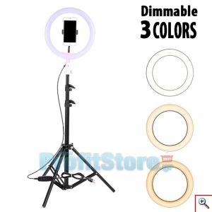 Επαγγελματικό Φωτογραφικό Φωτιστικό Δαχτυλίδι Ring Lamp Light LED USB 25,5cm με 3 Χρώματα Φωτισμού, Dimmer, Μεγάλο Τρίποδο & Βάση για Κάμερα ή Κινητό