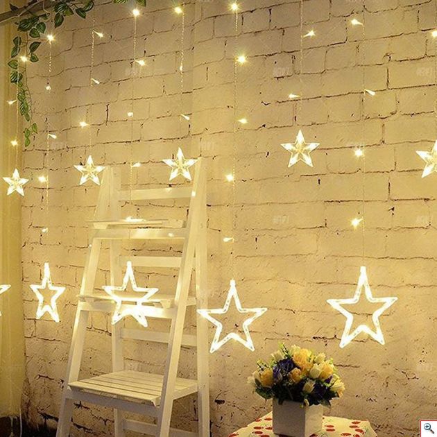 LED Χριστουγεννιάτικα Φωτάκια Ασύμμετρη Κουρτίνα - Γιρλάντα 3μ σε Σχήμα Αστεριού με Λευκό Θερμό Κίτρινο Φώς 100 LED Christmas Lights Star