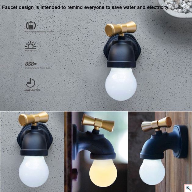 Mini LED Νυχτερινός Φωτισμός Τοίχου USB Επαναφορτιζόμενο σε Σχήμα Βρύσης