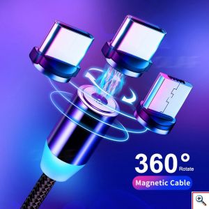 Μαγνητικό Καλώδιο Γρήγορης Φόρτισης 360° USB-A 3 σε 1 Lightning - USB-C - MicroUSB με Καλώδιο που δεν Μπλέκεται 1m & LED Ένδειξη Φόρτισης