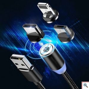 Μαγνητικό Καλώδιο Γρήγορης Φόρτισης 360° USB-A 3 σε 1 Lightning - USB-C - MicroUSB με Καλώδιο που δεν Μπλέκεται 1m & LED Ένδειξη Φόρτισης