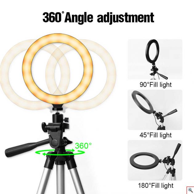 Φωτογραφικό Φωτιστικό Δαχτυλίδι LED 26cm με Πολυλειτουργικό Τρίποδο, 3 Χρώματα Φωτισμού, Dimmer, Βάση Στήριξης Κάμερας & Κινητού - Ring Light Lamp