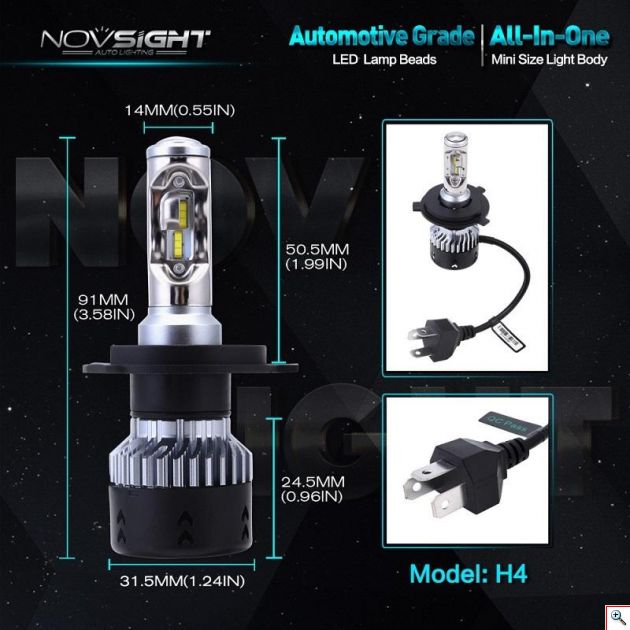 Mini Size LED Φώτα Αυτοκινήτου NovSight H4 6500K 10000LM (2x5000) 70W (2x35W) CAN BUS - Λαμπτήρες Πορείας Υψηλής Φωτεινότητας