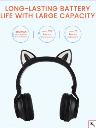 LED Bluetooth Ασύρματα On-Ear Ακουστικά Αυτιά Γάτας με Εναλλασσόμενο Φωτισμό - Wireless Cat Ear Headphones Λευκό/Ροζ