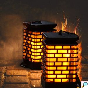 Αυτόματο Ηλιακό Φωτιστικό - Φανάρι LED 3 σε 1 με Εφέ Φλόγας Εξωτερικού Χώρου - Τύπου Δάδα & Κρεμαστό Φαναράκι
