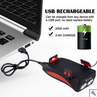 Αδιάβροχη USB Επαναφορτιζόμενη Βάση Κινητού Powerbank, Κόρνα & Φως Πορείας - Φακός LED 800lm Ποδηλάτου - LED Bicycle Horn Lamp Μαύρο