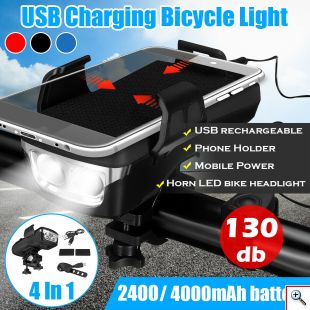 Αδιάβροχη USB Επαναφορτιζόμενη Βάση Κινητού Powerbank, Κόρνα & Φως Πορείας - Φακός LED 800lm Ποδηλάτου - LED Bicycle Horn Lamp Μαύρο