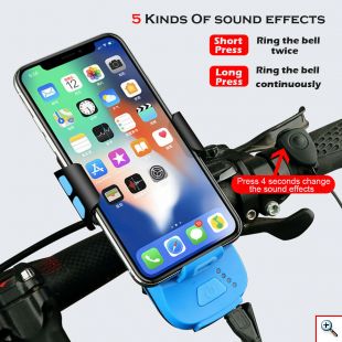 Αδιάβροχη USB Επαναφορτιζόμενη Βάση Κινητού Powerbank, Κόρνα & Φως Πορείας - Φακός LED 800lm Ποδηλάτου - LED Bicycle Horn Lamp Μαύρο