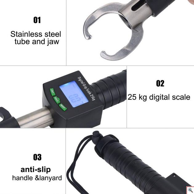 Γάντζος - Grip Ψαρέματος με Ζυγαριά 25kg, Ψηφιακή Οθόνη, LED Μεζούρα 1m & Θερμόμετρο - Λαβή Αλιείας για μεγάλα ψάρια - Fish Grip