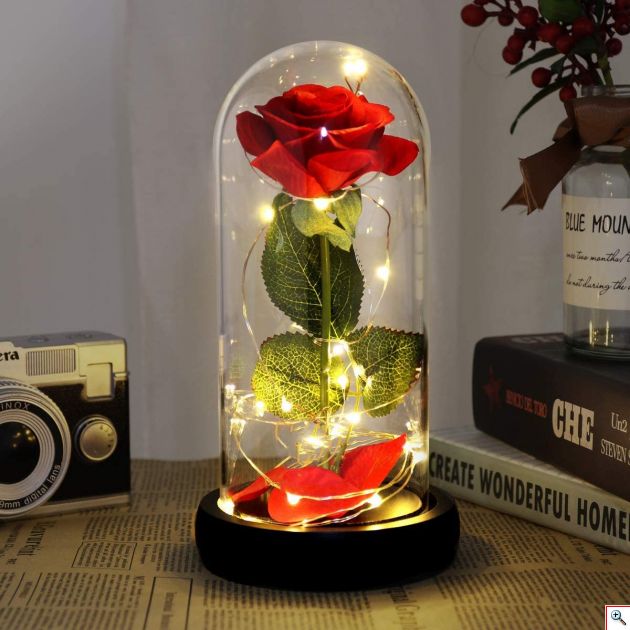 Διακοσμητικό Φωτιστικό Τριαντάφυλλο σε Βάζο με LED - Rose Light with Glass Dome