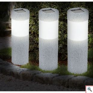 Σετ 3 x Ηλιακό Φωτιστικό 40cm Εδάφους - Κήπου - Εξωτερικού Χώρου με Πέτρινη Όψη, Ηλιακό Πάνελ, Φωτοκύτταρο - Κυλινδρικό