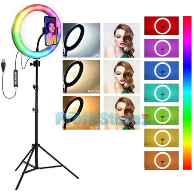 RGB Φωτογραφικό Φωτιστικό Δαχτυλίδι LED 26cm Πολύχρωμο USB με Εφέ Πολύχρωμου Φωτισμού, Τρίποδο & Βάση Στήριξης Κινητού - Ring Light Lamp