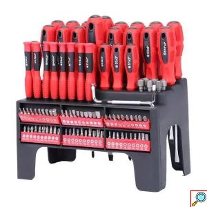 Σετ 100 Μαγνητικών Κατσαβιδιών από Ανοξείδωτο Χάλυβα με Ραφιέρα - Βάση