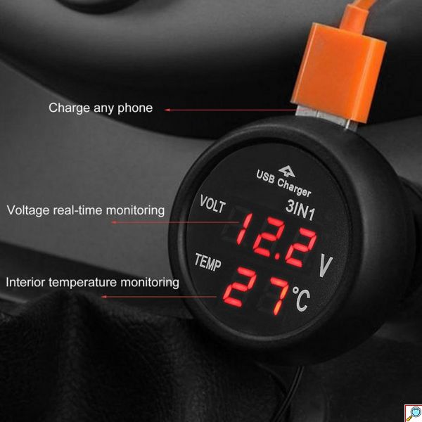 Ψηφιακό Βολτόμετρο και Θερμόμετρο Αυτοκινήτου με Θύρα Φόρτισης USB 2.1A 12V