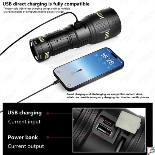 Επαναφορτιζόμενος Φακός LED Αδιάβροχος IP67 με Μέγιστη Φωτεινότητα 30000lm και Λειτουργία Strobe X-Balog