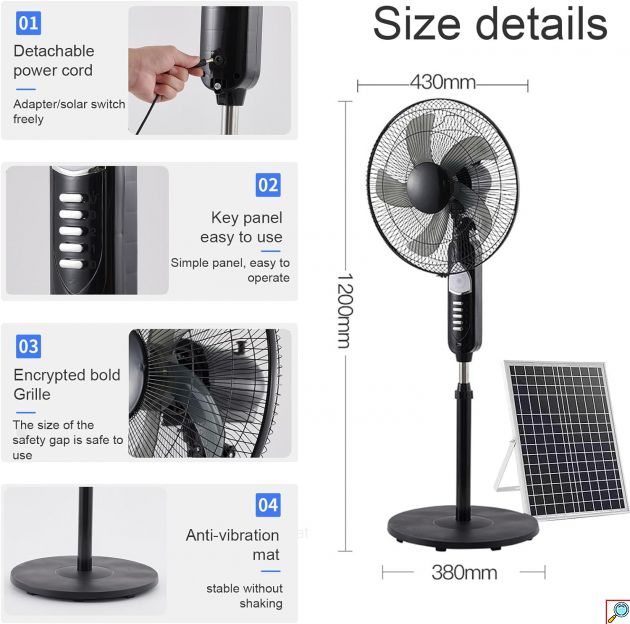 Επιδαπέδιος Ηλιακός Ανεμιστήρας 18W 3 Ταχυτήτων με Ηλιακό Πάνελ, Θύρα Φόρτισης USB και Φωτάκι LED - Γρήγορη Φόρτιση και Εξοικονόμηση Ενέργειας