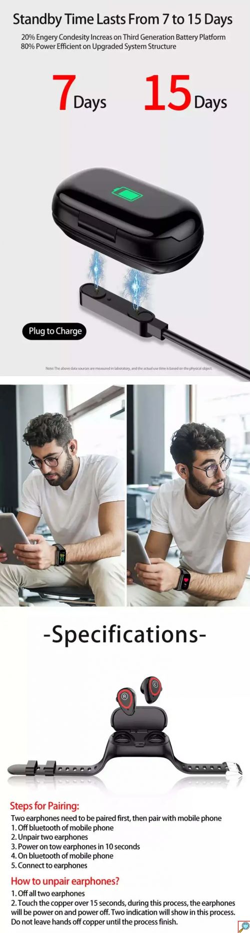 TWS 2 σε 1 Bluetooth Ακουστικά και Ρολόι Smartwatch με Παλμογράφο, Activity Tracker, Θερμιδομετρητή και Ειδοποιήσεις Εφαρμογών