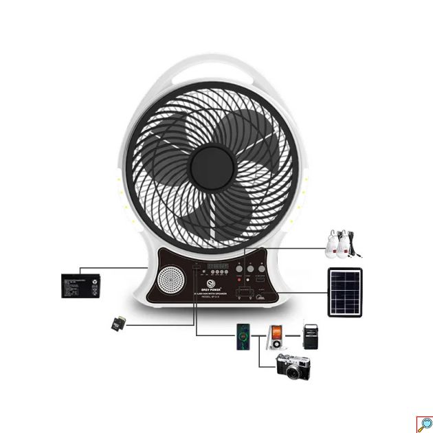 Επαναφορτιζόμενος Ηλιακός Ανεμιστήρας με Ραδιόφωνο, Θύρα Φόρτισης USB, 2 Λάμπες και Ηλιακό Πάνελ - Andowl