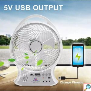 Επαναφορτιζόμενος Ηλιακός Ανεμιστήρας με Ραδιόφωνο, Θύρα Φόρτισης USB, 2 Λάμπες και Ηλιακό Πάνελ - Andowl
