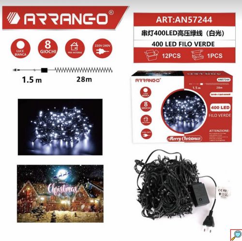 400 Χριστουγεννιάτικα LED Λαμπάκια της ARRANGO 29,5μ σε Ψυχρό Λευκό Χρώμα με Πράσινο Καλώδιο και 8 Προγράμματα Φωτισμού