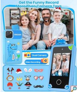 Παιδικό Κινητό Τηλέφωνο με Έγχρωμη Οθόνη 2.8 Ιντσών με Παιχνίδια, Διπλή Κάμερα και Σχέδιο Μπλε Δεινόσαυρος