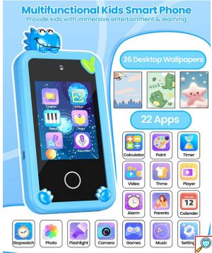 Παιδικό Κινητό Τηλέφωνο με Έγχρωμη Οθόνη 2.8 Ιντσών με Παιχνίδια, Διπλή Κάμερα και Σχέδιο Μπλε Δεινόσαυρος