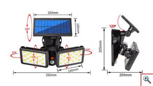 Αδιάβροχος Διπλός Ηλιακός Προβολέας 36 LED Εξωτερικού Χώρου με Περιστρεφόμενους Βραχίονες, 3 Έξυπνες Λειτουργίες Φωτισμού, Αισθητήρα Κίνησης & Φωτός