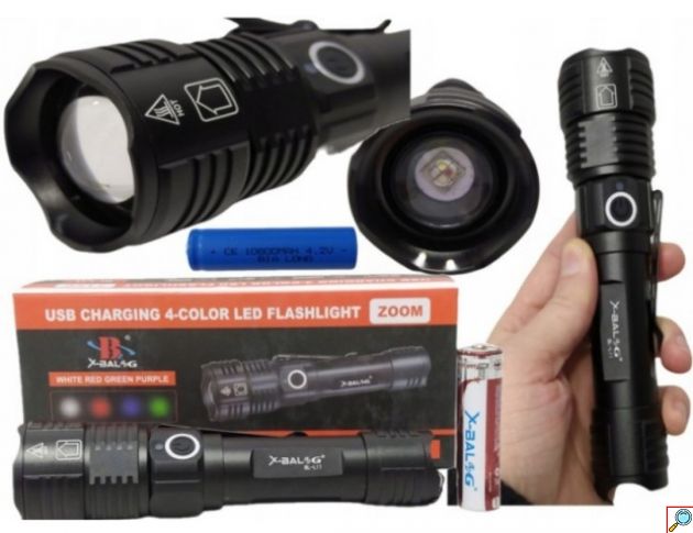 Αδιάβροχος Επαναφορτιζόμενος Φακός Cree LED Αλουμινίου με Zoom, 4 Χρώματα Φωτισμού και UV