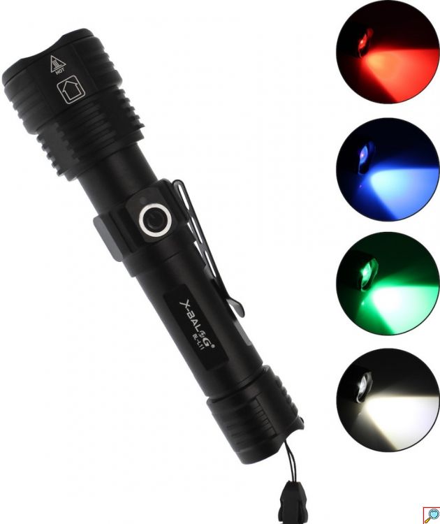 Αδιάβροχος Επαναφορτιζόμενος Φακός Cree LED Αλουμινίου με Zoom, 4 Χρώματα Φωτισμού και UV