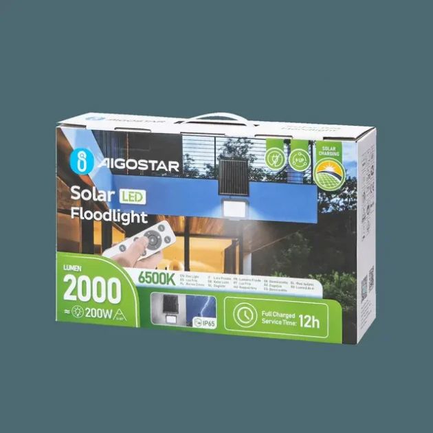 Aδιάβροχος Ηλιακός Προβολέας LED 200W με Πάνελ & Τηλεχειριστήριο - 2000lm, 6500K, IP65, 224 × 53 × 182 mm - Aigostar