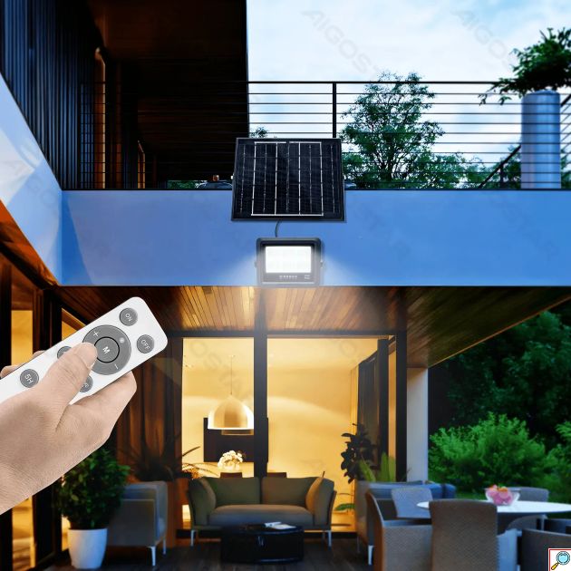 Aδιάβροχος Ηλιακός Προβολέας LED 200W με Πάνελ & Τηλεχειριστήριο - 2000lm, 6500K, IP65, 224 × 53 × 182 mm - Aigostar