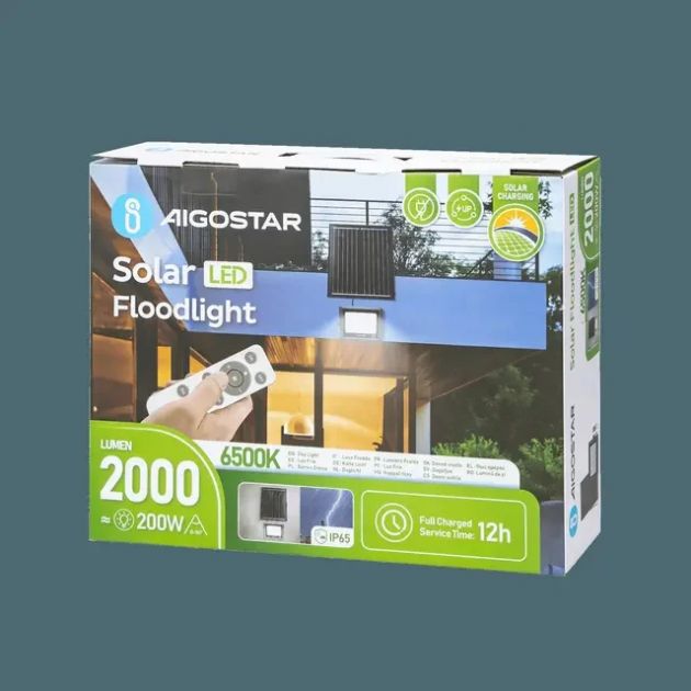Aδιάβροχος Ηλιακός Προβολέας LED 200W με Πάνελ & Τηλεχειριστήριο - 2000lm, 6500K, IP65 - Aigostar