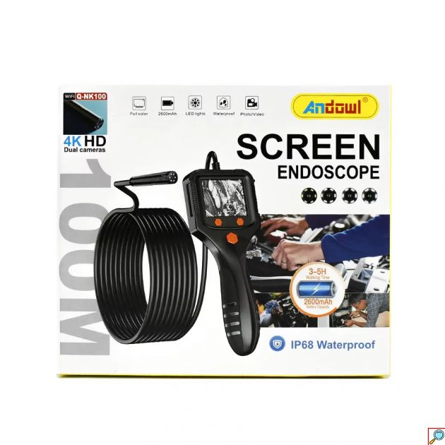 Andowl Αδιάβροχη Ψηφιακή Ενδοσκοπική Κάμερα 4K με Μήκος Καλωδίου 100m Έγχρωμη Οθόνη LCD 2.4, με Λειτουργία Βίντεο & ΦωτογραφίαςΕπαναφορτιζόμενη Μπαταρία 