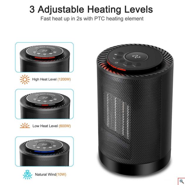 Φορητό Αερόθερμο - Κεραμική Σόμπα με Περιστροφή 70°, Θερμοστάτη, 2 Ταχύτητες, Οθόνη & Διακοπή Λειτουργίας σε Πτώση 1200W - Electric Heater 