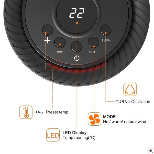 Φορητό Αερόθερμο - Κεραμική Σόμπα με Περιστροφή 70°, Θερμοστάτη, 2 Ταχύτητες, Οθόνη & Διακοπή Λειτουργίας σε Πτώση 1200W - Electric Heater 