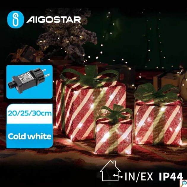 Aigostar Σετ 3 τμχ Χριστουγεννιάτικα Διακοσμητικά Φωτιζόμενα Κουτιά Δώρου με 75LED, IP44 - 30, 25 & 20cm